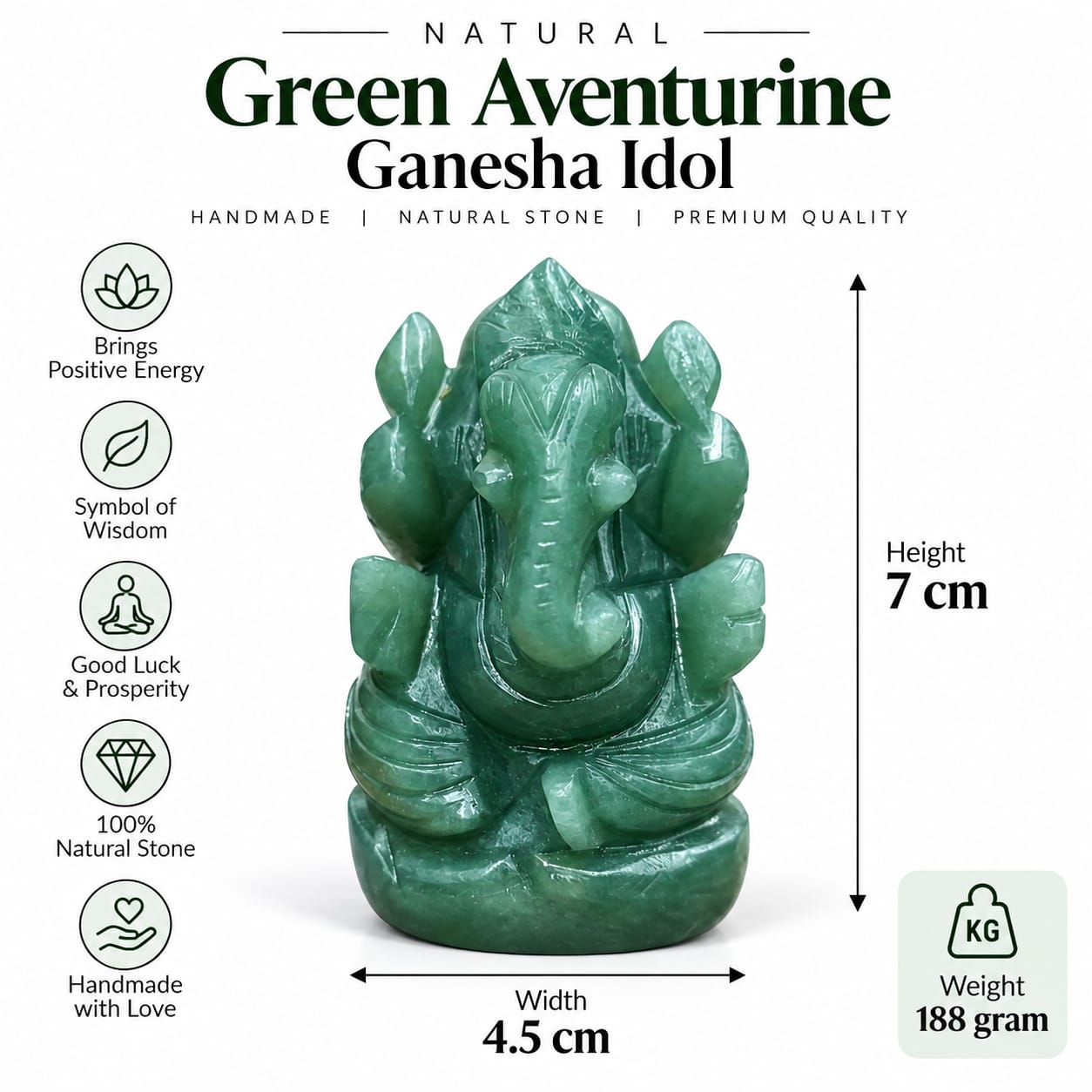 Natural Green Aventurine Ganesha Idol – Handmade, 7cm height, 188 grams